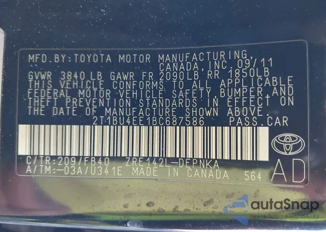 2011 Toyota Corolla Le z USA, uszkodzony, nr VIN 2T1BU4EE1BC687586